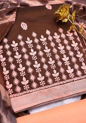 Brown Embroidered Poly Blend Kurta Set