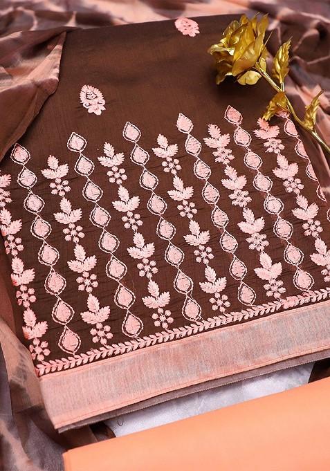 Brown Embroidered Blended Straight Kurta Set
