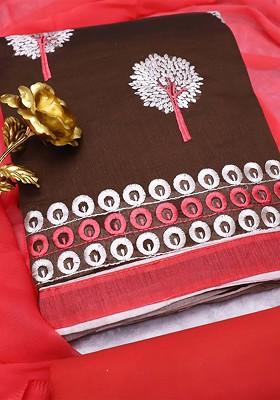 Brown Embroidered Poly Blend Kurta Set