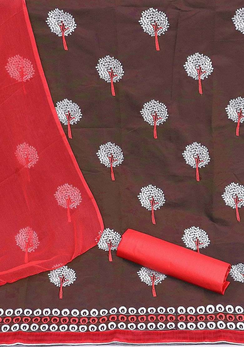 Brown Embroidered Blended Straight Kurta Set - Indya