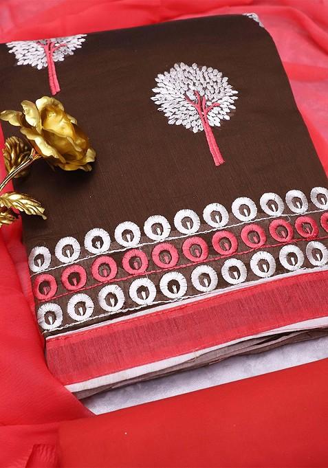 Brown Embroidered Blended Straight Kurta Set