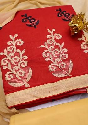 Red Embroidered Poly Blend Kurta Set