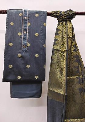 Grey Woven Poly Blend Kurta Set