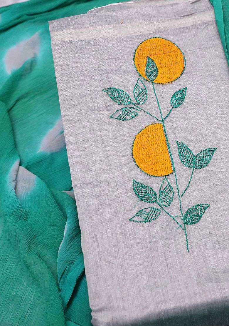 Grey Embroidered Cotton Straight Kurta Set - Indya