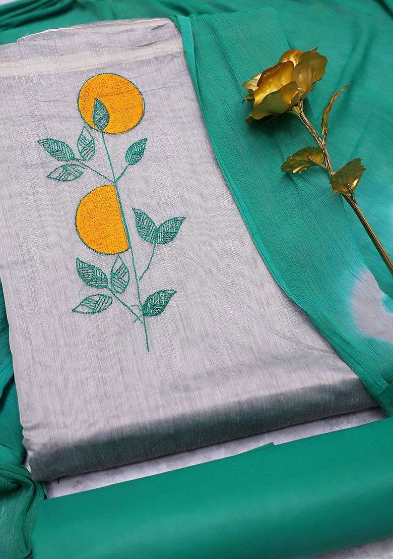 Grey Embroidered Cotton Straight Kurta Set - Indya