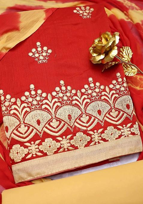 Red Embroidered Cotton Kurta Set