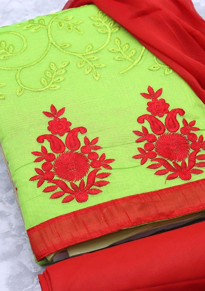 Green Embroidered Cotton Punjabi Suit - Indya
