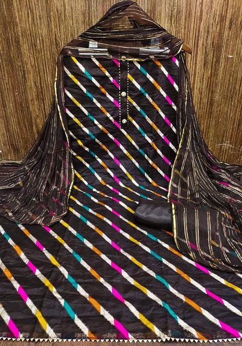 Brown Striped Print Organza Kurta Set