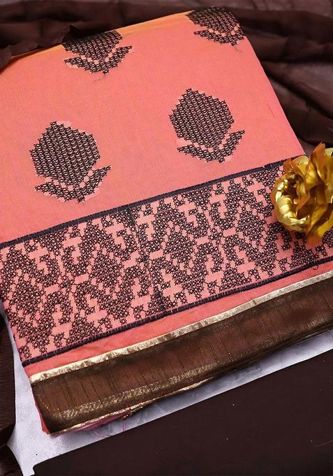 Peach Embroidered Poly Blend Kurta Set