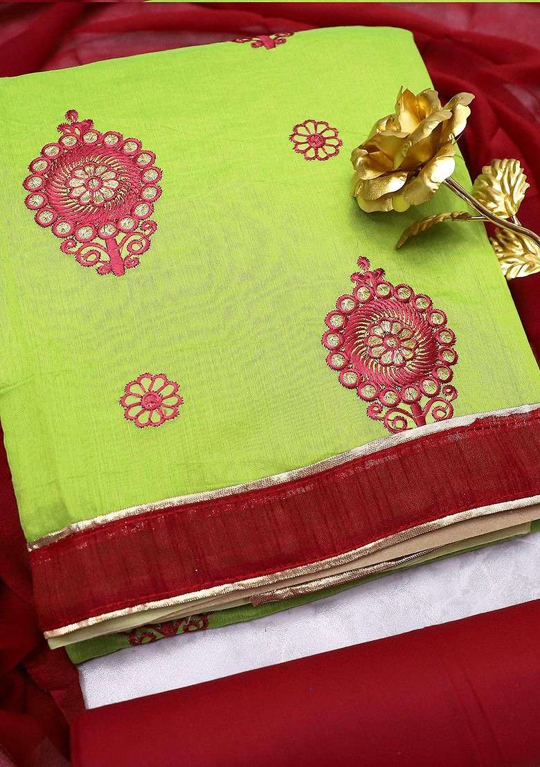 Green Embroidered Cotton Straight Kurta Set - Indya
