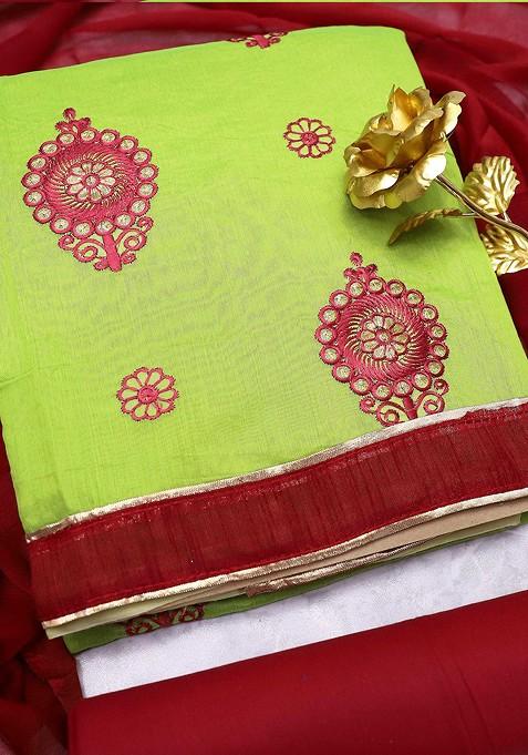 Green Embroidered Cotton Straight Kurta Set