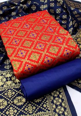 Red Woven Poly Blend Kurta Set