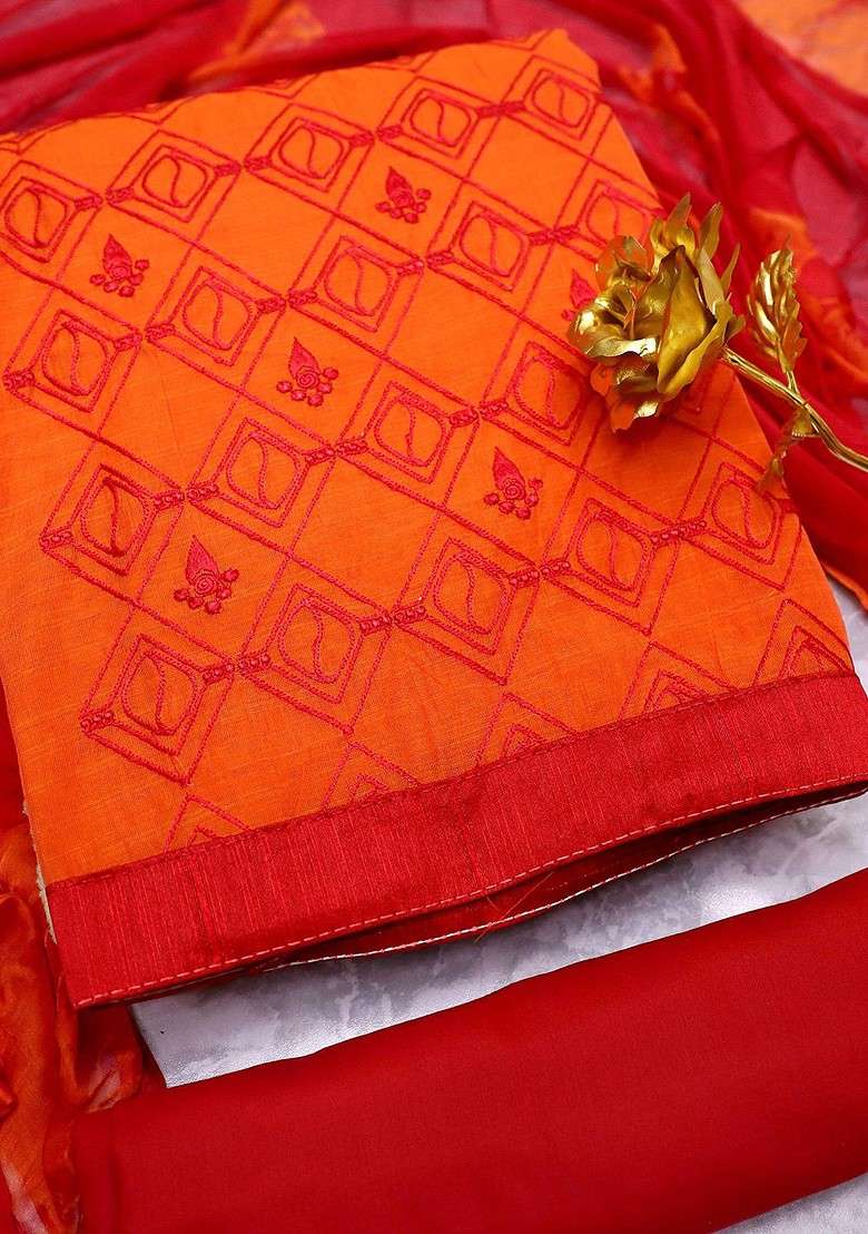 Orange Embroidered Blended Punjabi Suit - Indya