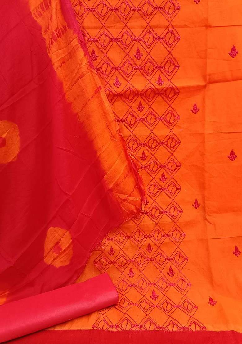Orange Embroidered Blended Punjabi Suit - Indya