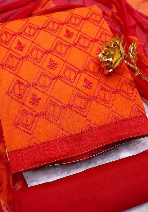 Orange Embroidered Poly Blend Kurta Set