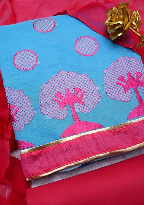 Blue Embroidered Poly Blend Kurta Set