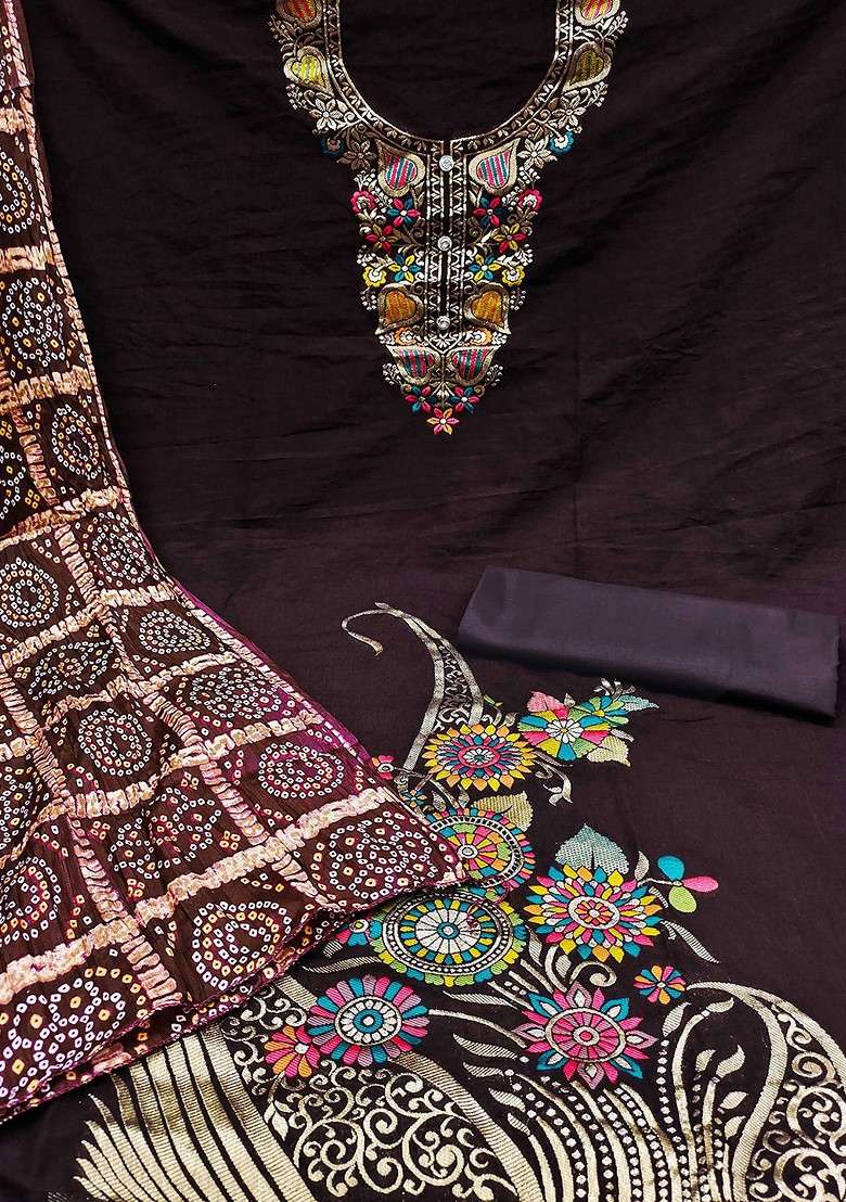 Brown Embroidered Jacquard Straight Kurta Set - Indya