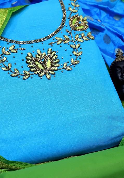 Blue Embroidered Blended Straight Kurta Set