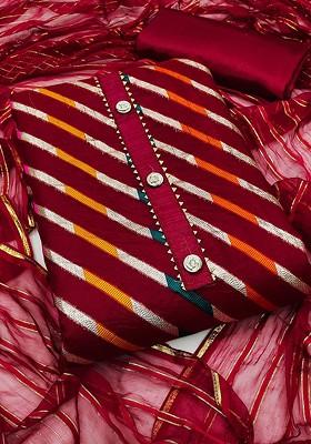 Maroon Striped Print Organza Kurta Set