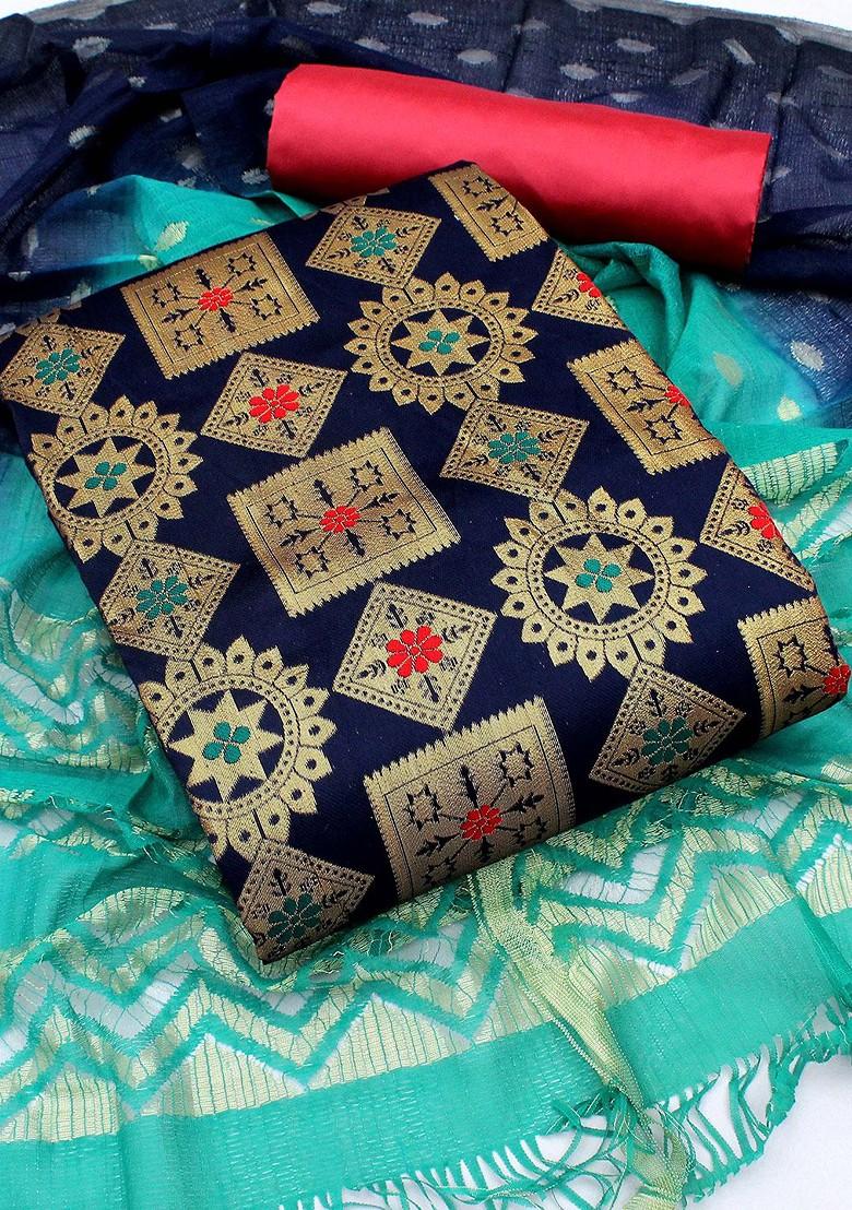 Navy Blue Woven Banarasi Jacquard Kurta Set