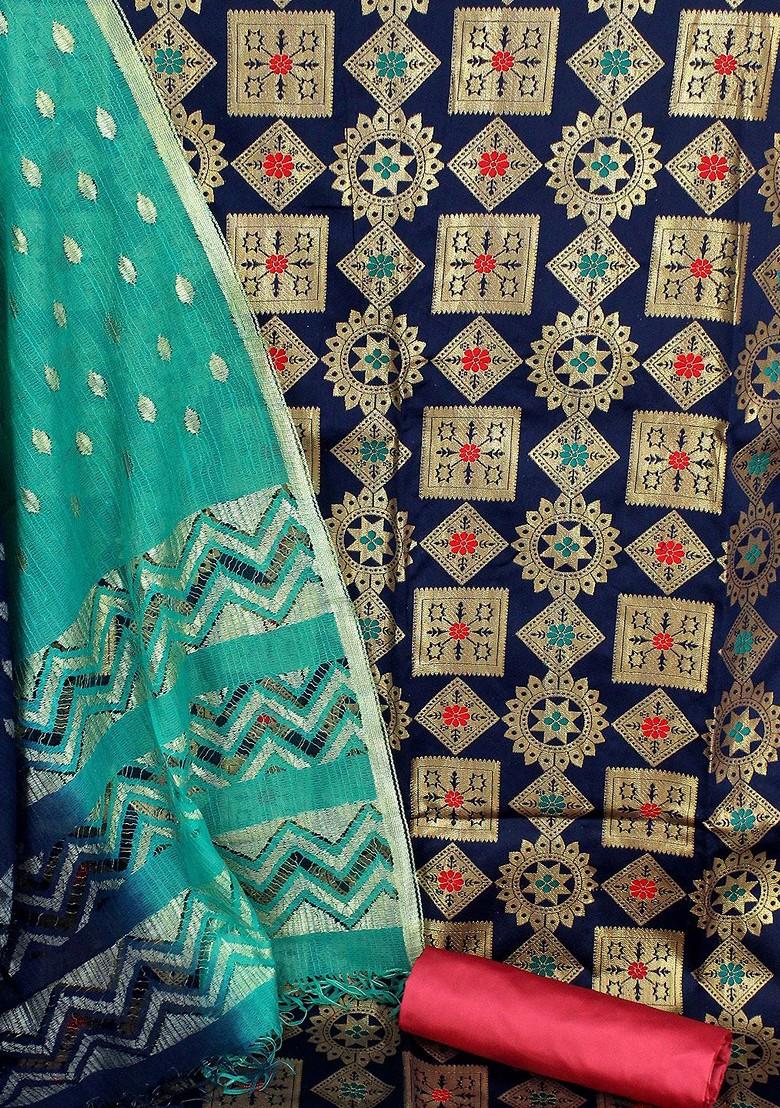 Navy Blue Woven Banarasi Jacquard Kurta Set