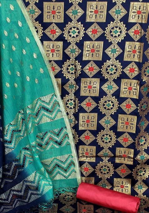 Navy Blue Woven Banarasi Jacquard Kurta Set