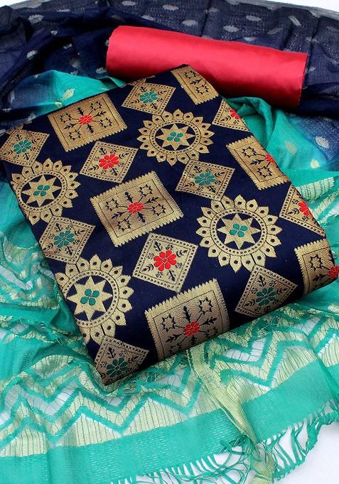 Navy Blue Woven Banarasi Jacquard Kurta Set