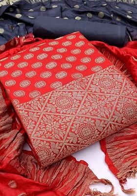 Red Woven Poly Blend Kurta Set