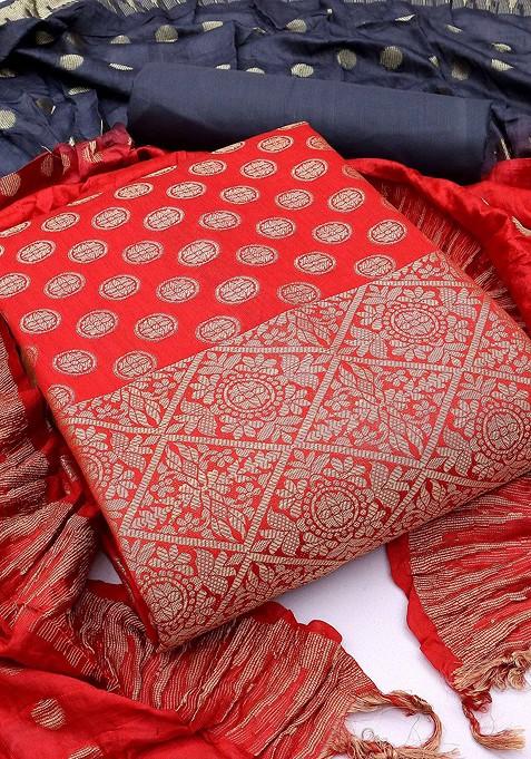 Red Woven Poly Blend Kurta Set