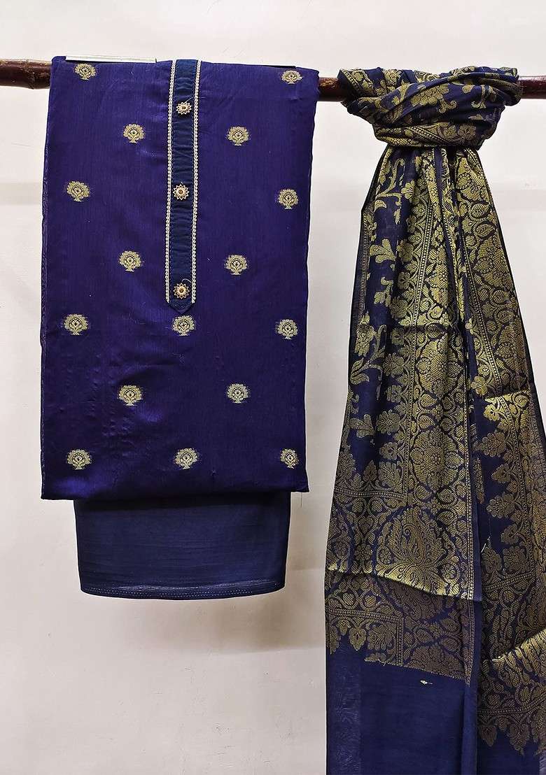 Blue Embroidered Blended Straight Kurta Set - Indya