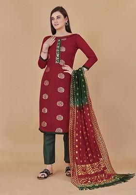 Red Woven Poly Blend Kurta Set