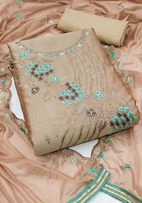 Beige Embroidered Chanderi Kurta Set