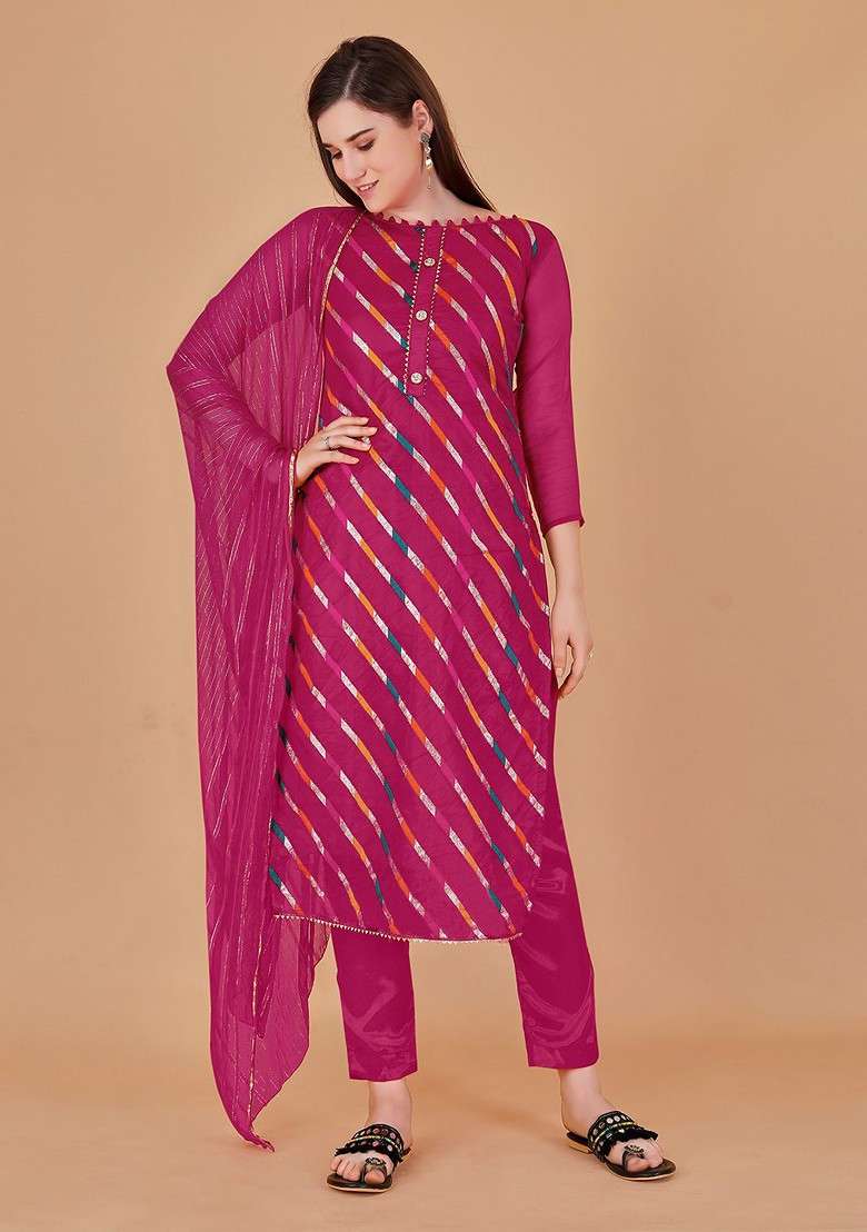 Pink Striped Print Organza Kurta Set - Indya