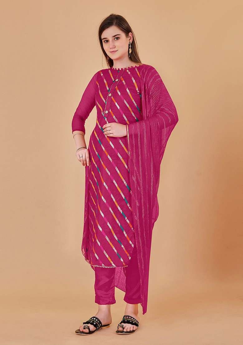 Pink Striped Print Organza Kurta Set - Indya