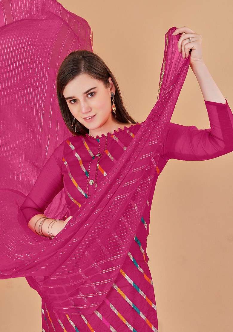 Pink Striped Print Organza Kurta Set - Indya