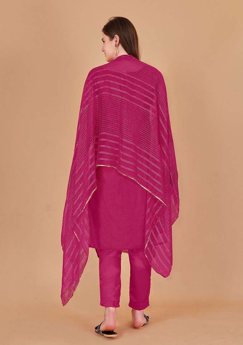 Pink Striped Print Organza Kurta Set - Indya