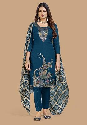 Turquoise Blue Woven Jacquard Kurta Set