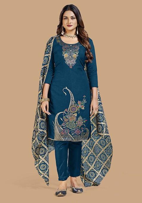 Turquoise Blue Woven Jacquard Kurta Set