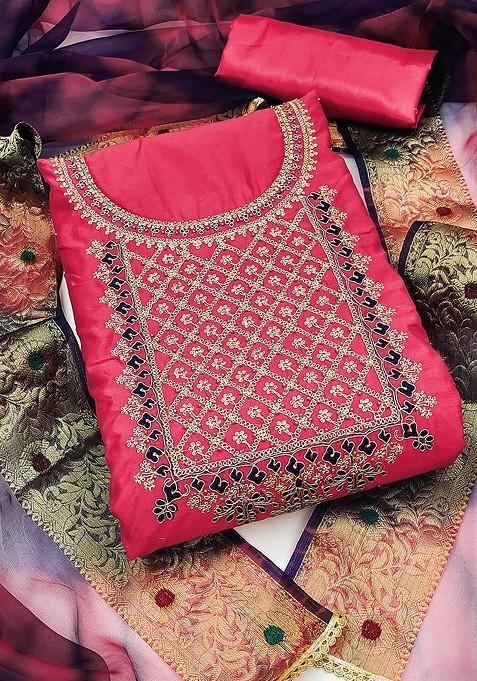 Pink Embroidered Poly Blend Kurta Set