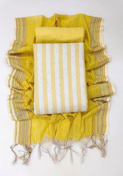 White Striped Print Poly Blend Kurta Set