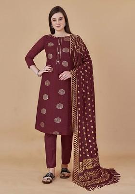 Maroon Woven Poly Blend Kurta Set