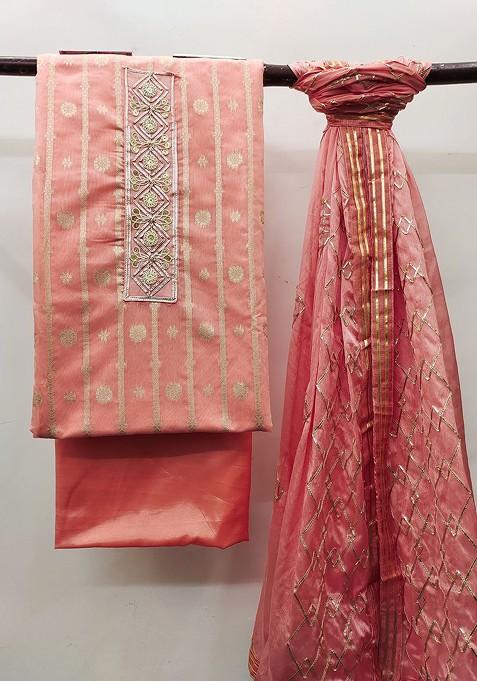 Peach Ethnic Motifs Banarasi Jacquard Kurta Set