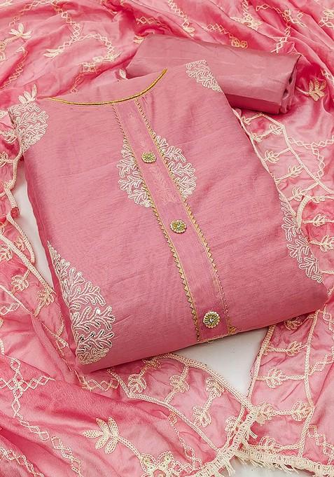 Pink Embroidered Poly Blend Kurta Set