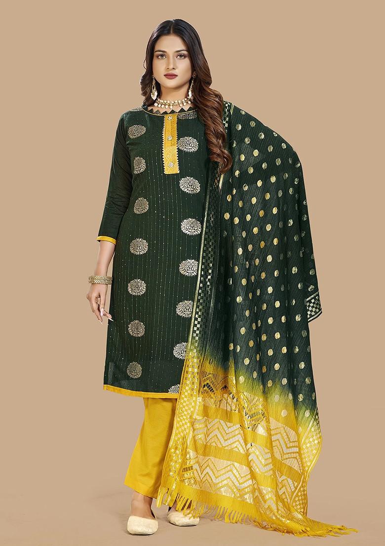 Green Woven Jacquard Kurta Set - Indya
