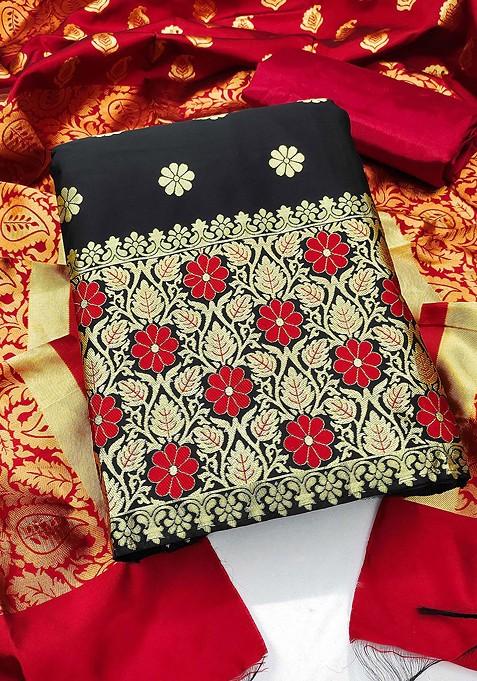 Black Embroidered Jacquard Straight Kurta Set