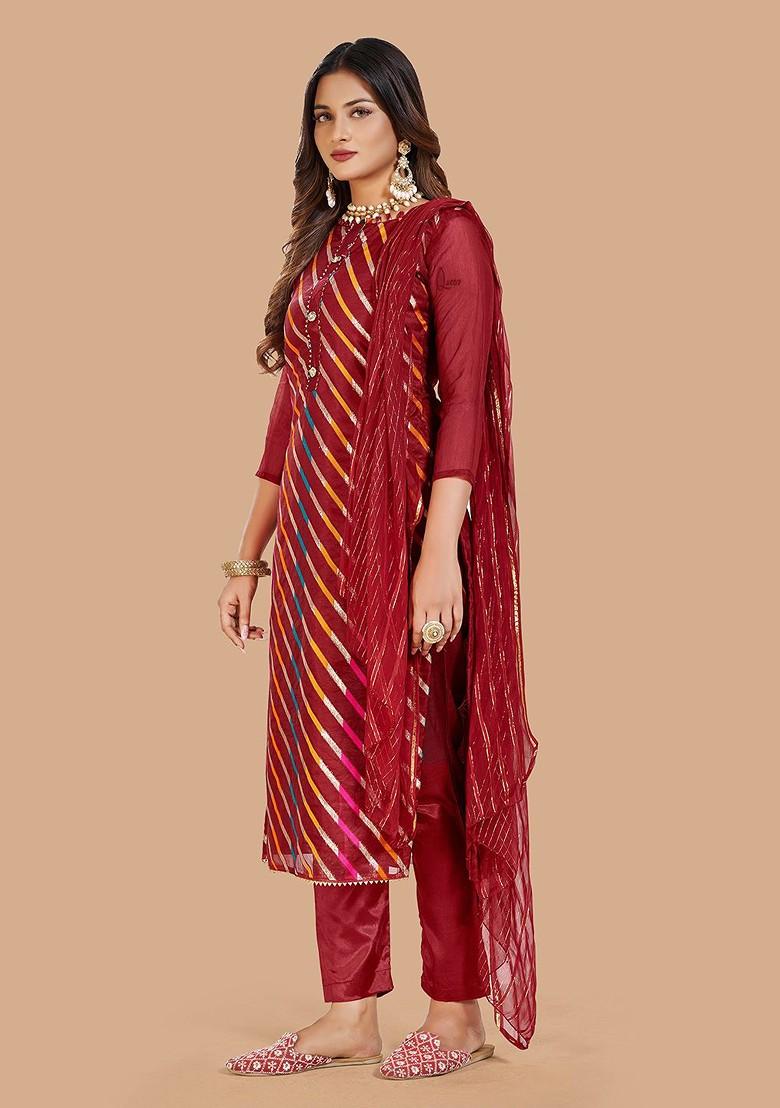 Maroon Woven Poly Blend Kurta Set - Indya