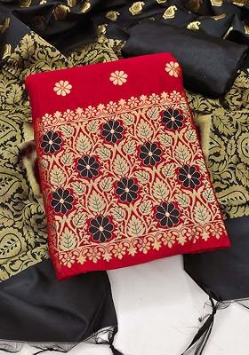 Red Woven Poly Blend Kurta Set