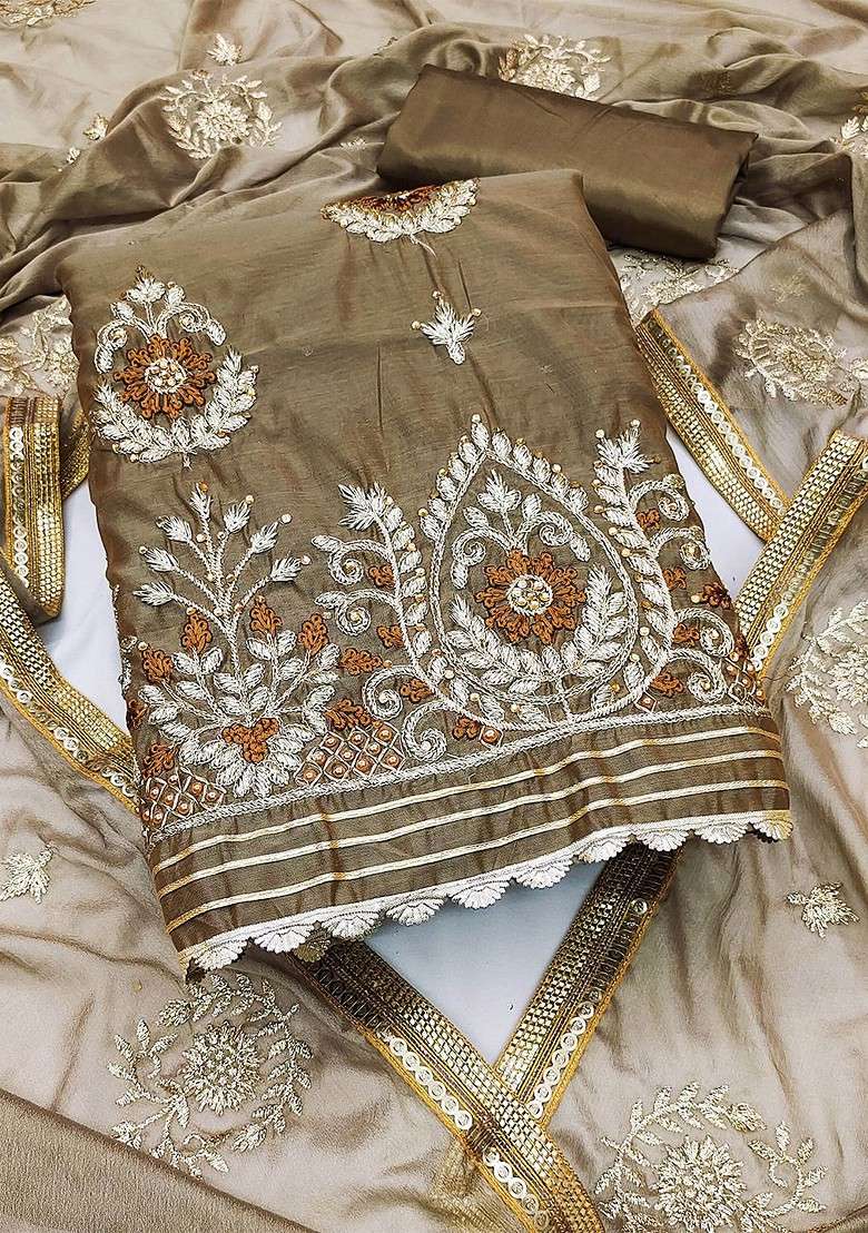 Beige Embroidered Blended Straight Kurta Set - Indya