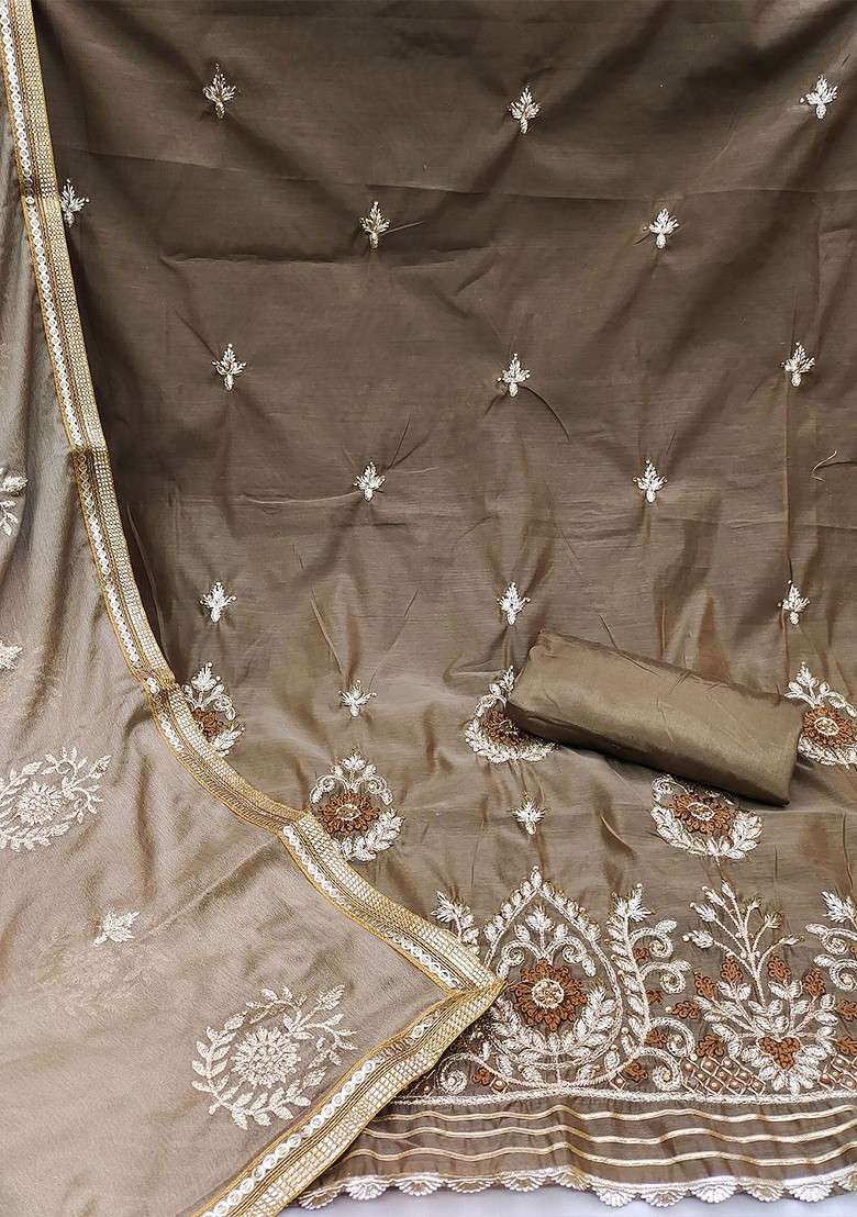 Beige Embroidered Blended Straight Kurta Set - Indya