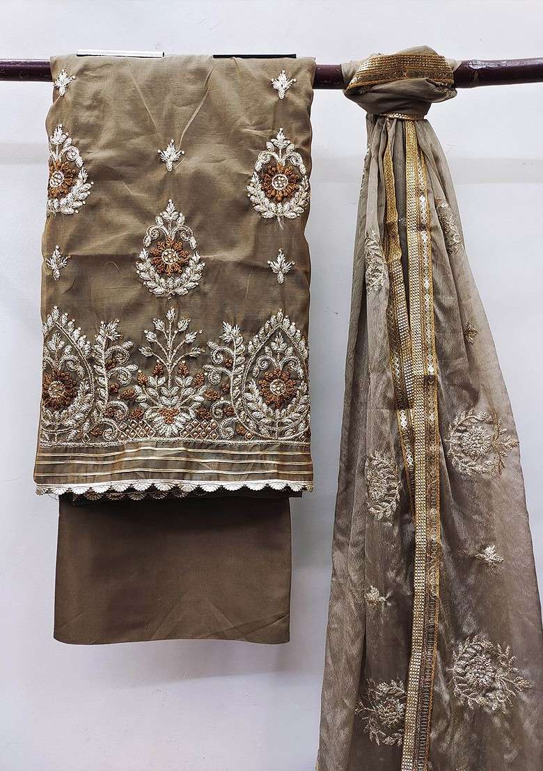 Beige Embroidered Blended Straight Kurta Set - Indya